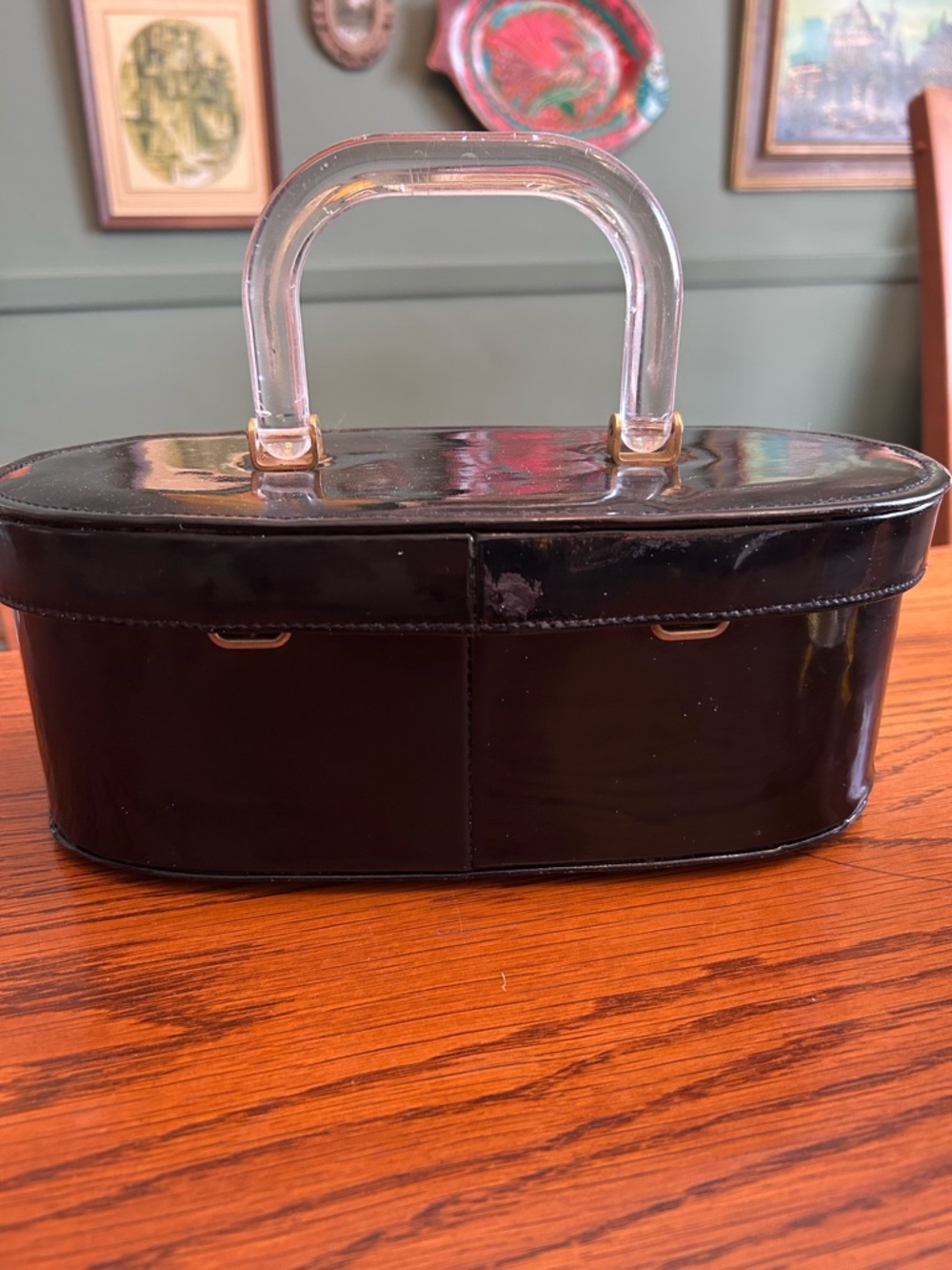 Black Vintage-Style Top Handle Bag with Clear Lucite Handle - Picture 2 of 5